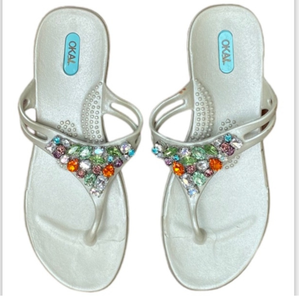 OkaB Silvertone Jeweled Flip Flops
